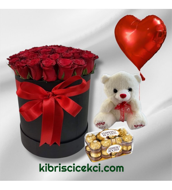 Kutuda 25 Kırmızı Gül Ayıcık 16'lı Ferrero Çikolata Kalp Helyum Balon